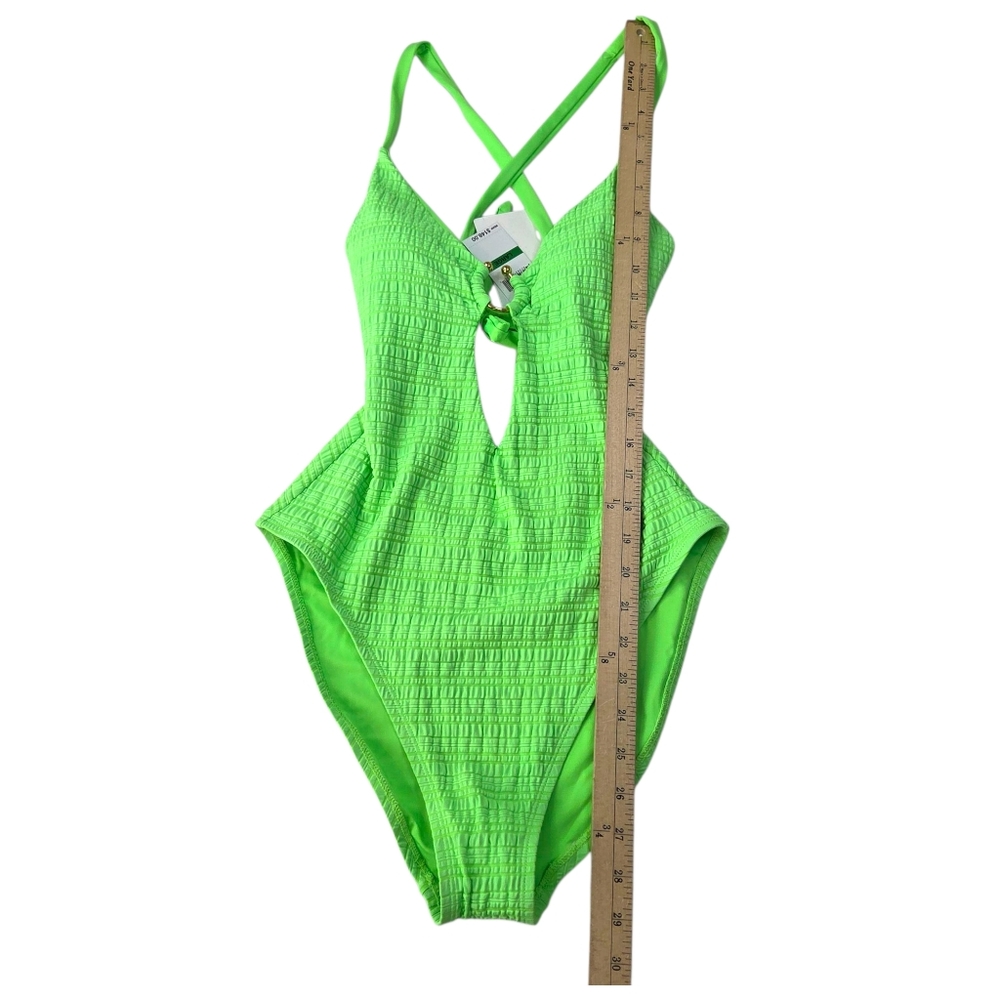 Becca Ariyah Cutout Plunge One Piece Swimsuit NEW Womens Large Neon Green Gold - Picture 8 of 11
